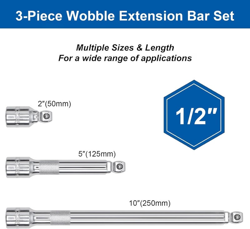 DAZCOS 3 Pieces 1/2 Inch Drive Wobble Extension Set Includes 2 5 10 Inch Extensions Premium Chrome Vanadium Steel with Mirror Finish - Image 2